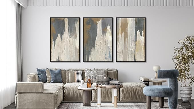 ASDCEUTICALS Large Canvas Wall Art - Gray Brown and Beige Abstract Pictures for Living Room Vintage Wall Decor Retro Artwork Black Float Framed Paintings for Bedroom Dinning Room 32" X 48" X 3 pcs
