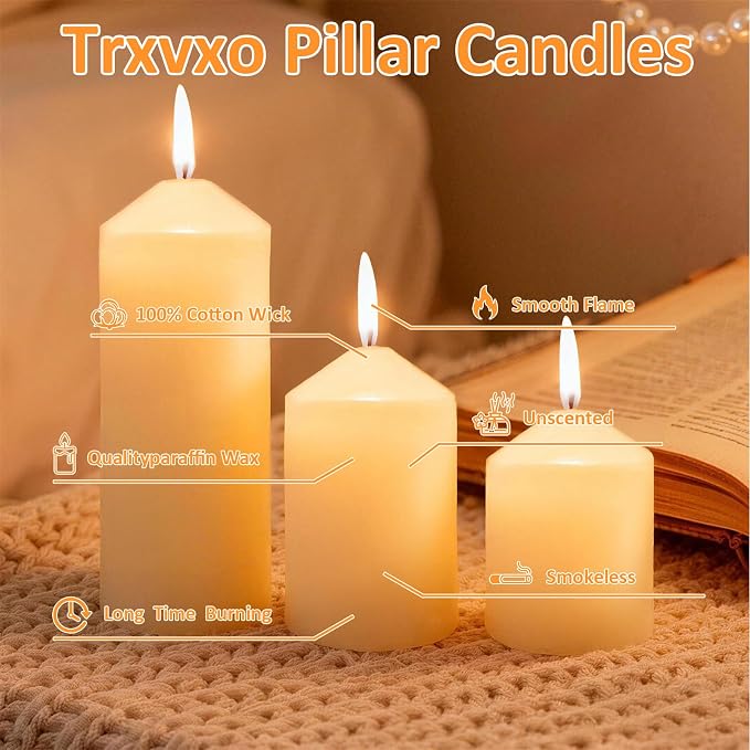 6 Pcs Ivory Pillar Candles Bulk Set, 3 Different Lengths 2 x 3/4/6 Inch (2 Each), Dripless Unscented Smokeless,Hurricane Candles,Gives You a Better Atmosphere When Organizing an Event Party.