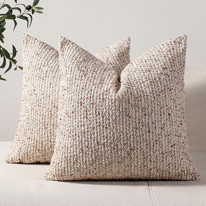 DEZENE Striped Euro Sham Pillow Covers 26x26 Set of 2 Beige Textured Boucle Chic Morden Boho Accent Farmhouse Square Decorative Couch Throw Pillow Covers for Home Decor Bed Sofa Living Room