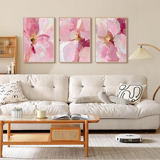 Abstract Floral Wall Art Pink Flower Canvas Pictures Modern Wall Decor Blush Pastel Pink Prints Peony Painting Minimalist Poster Botanical Artwork for Bedroom Living Room 16x24 Inch Unframed set of 3