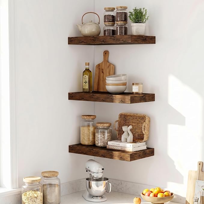 Fun Memories Wood Floating Shelves 20 Inch, 10 Inch Deep Shelves Wall Mount, Wall Shelves with Invisible Bracket, 20" Floating Shelves for Living Room Bathroom Bedroom, Rustic Brown, Set of 2