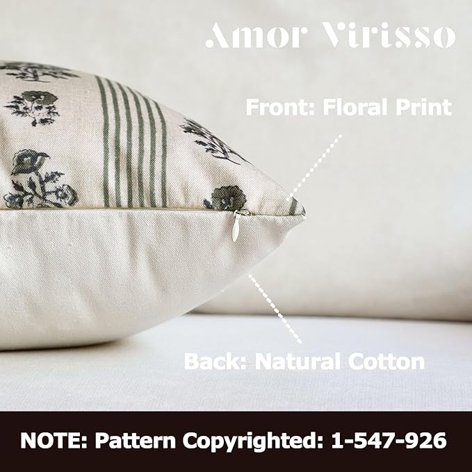 Amor Virisso Floral Throw Pillow Covers 20x20 Set of 2 Block Print Pillow Covers Neutral Floral Striped Farmhouse Decorative Pillow Covers for Sofa Couch Bed, Dusty Green