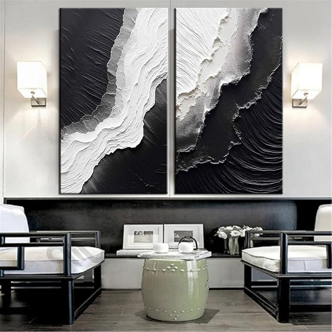 YaSheng Art - Vertical Wall Art Texture Abstract Oil Painting ,Hand Painted sea wave Black and White Wall Art Minimalist modern Art Paintings,, Home Living room Room Dining Room Bedroom Wall Decorative Art Oil Painting 24x48inch