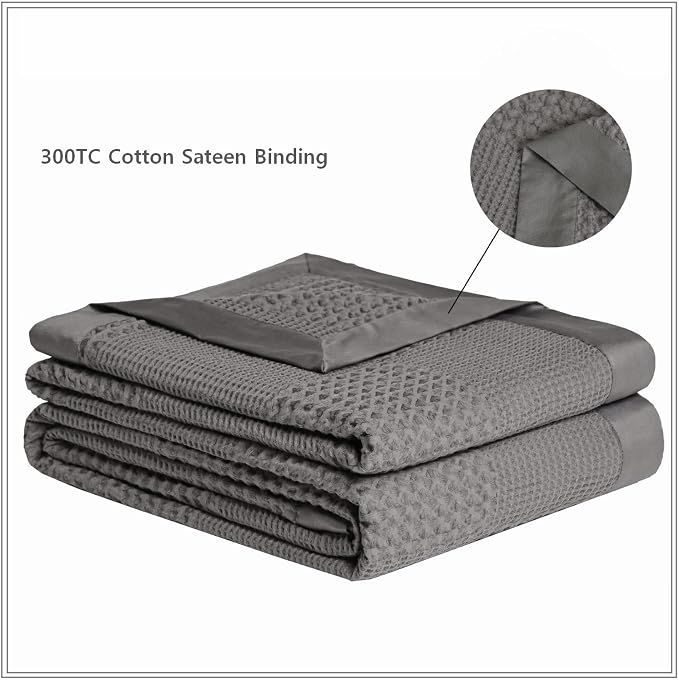 meadow park Cotton Waffle Blanket with Sateen Binding - Twin Size - Lightweight and Breathable - Charcoal Color