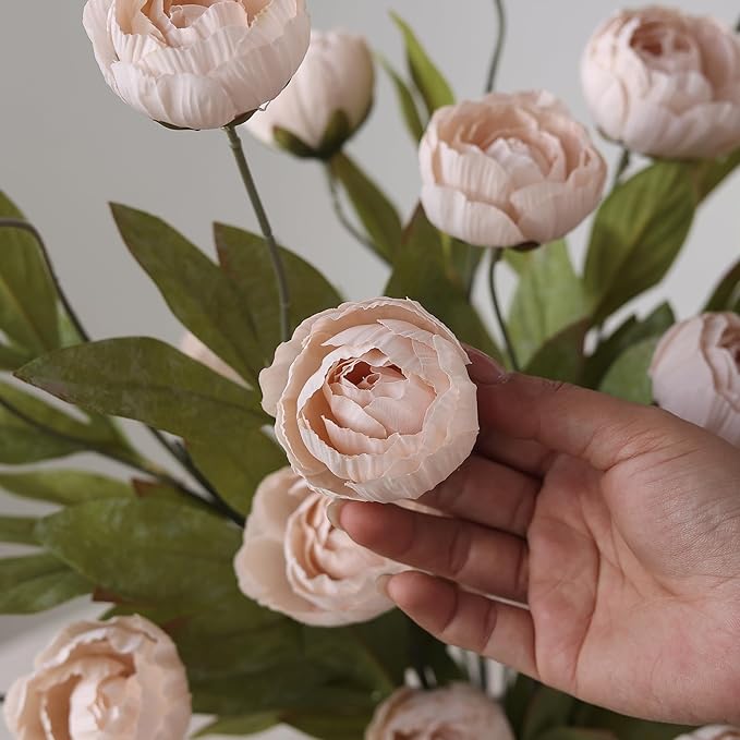 VIERENA 6 Pcs Faux Silk Peony Artificial Flowers for Vase -27", Bulk Fake Peonies Branches with Stems for DIY Bouquet Centerpieces Wedding Fillers Arrangements Shower Decorations (Beige)