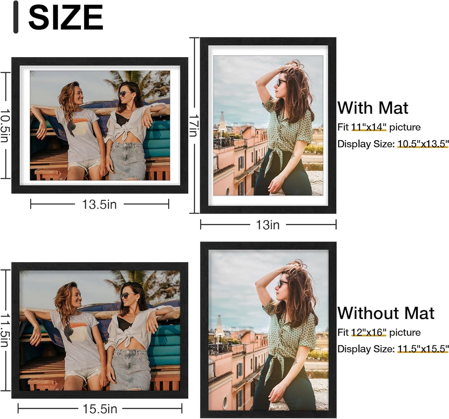 Vittanly 12x16 Picture Frames Set of 9, Shatter Resistant Plexiglass, Display 11x14 Pictures with Mat or 12x16 without Mat, Photo Frames for Wall Mount, Engineered Wood, Black