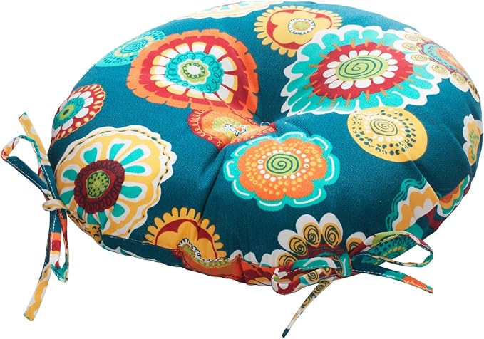Magpie Fabrics Outdoor Round Bistro Seat Cushions with Ties, 15"x15"x4" Set of 2, Tufted Waterproof Barstool Chair Pads for Patio Home Garden Office, Floral Green