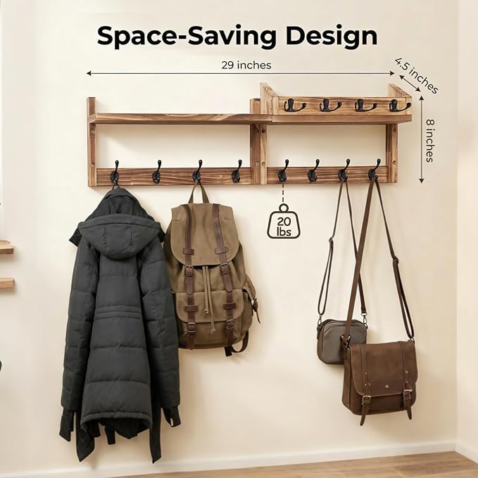 29" Coat Rack Wall Mount with Shelf, 4 in 1 Wall Mounted Coat and Key Hanger with 11 Hooks, Entryway Key Holder with Mail Holder for Living Room, Bedroom