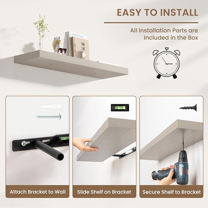 Dreamland Deep Floating Shelves, 8" Deep Long Shelves Set of 2, 40 Inches Floating Shelf for Wall,Large Display & Storage Shelf for Bathroom Bedroom Living Room Kitchen Office, Grey