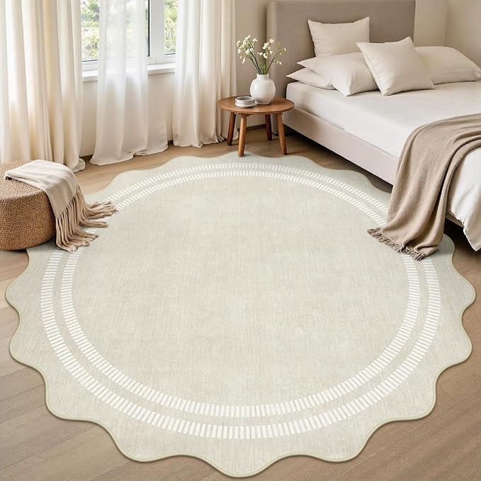 Round Area Rugs 6ft for Bedroom, Ivory Washable Circle Rug Soft Non Slip Floor Scalloped Carpet Indoor Thin Rug for Living Room Dining Room Playroom Nursery