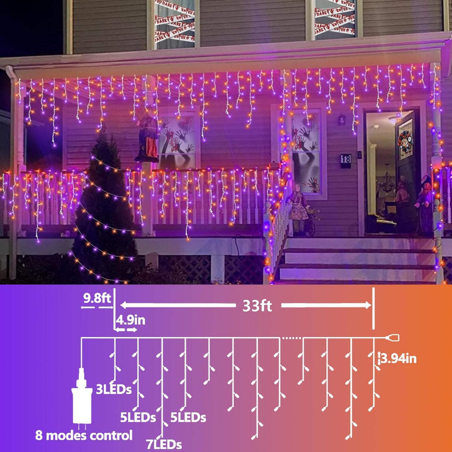 QITONG Orange and Purple Halloween Lights Outdoor, 33ft 400 LED Icicle Light Indoor Plug in, 8 Modes Connectable String Lights with 80 Drops