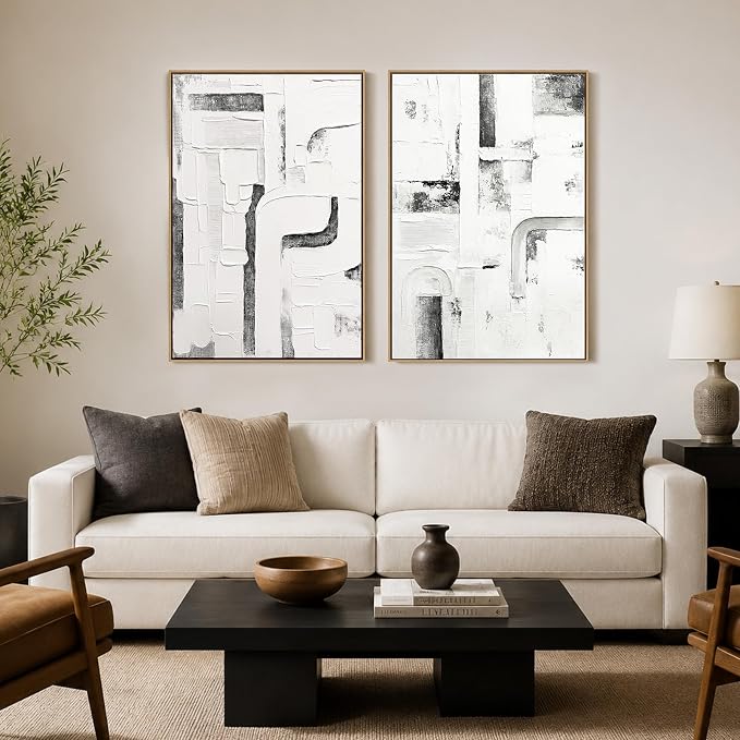 SAFERRYHOME Abstract Neutral Hand Painted Wall Art, 24"x36"x2 Framed | Large 3D Textured Framed Canvas Wall Decor, Modern Painting Minimalist Geometric Texture Artwork for Home Office Living Room