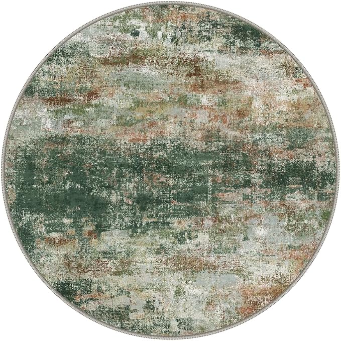 BEIMO Round Rugs 5ft for Living Room Bedroom, Modern Abstract Machine Washable Rug, Large Soft Low Pile Indoor Floor Carpet with Non Slip Backing for Dining Room, Green/Brown