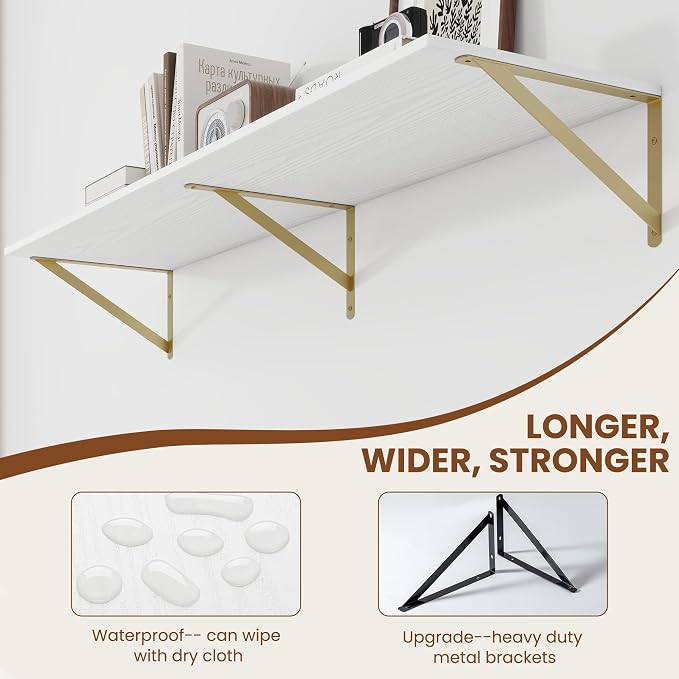 Heimlove Deep Floating Shelves for Wall, 48W x 12D Wood Wall Shelves Set of 2, Wide Floating Bookshelf for Living Room, Kitchen, Office, Bedroom and Decor Storage, with Golden Bracket - White & Gold
