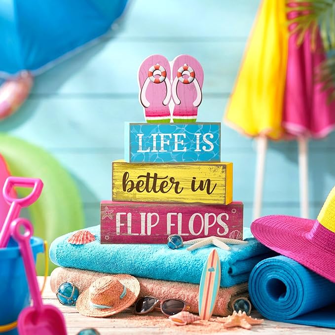 Yuntau 4 Pcs Summer Decorations for Office Hawaii Table Decorations Wooden Sign Flip Flops Table Centerpiece Summer Tiered Tray Decor Decorative Faux Book Stack Block for Coffee Mantel Floating Shelf