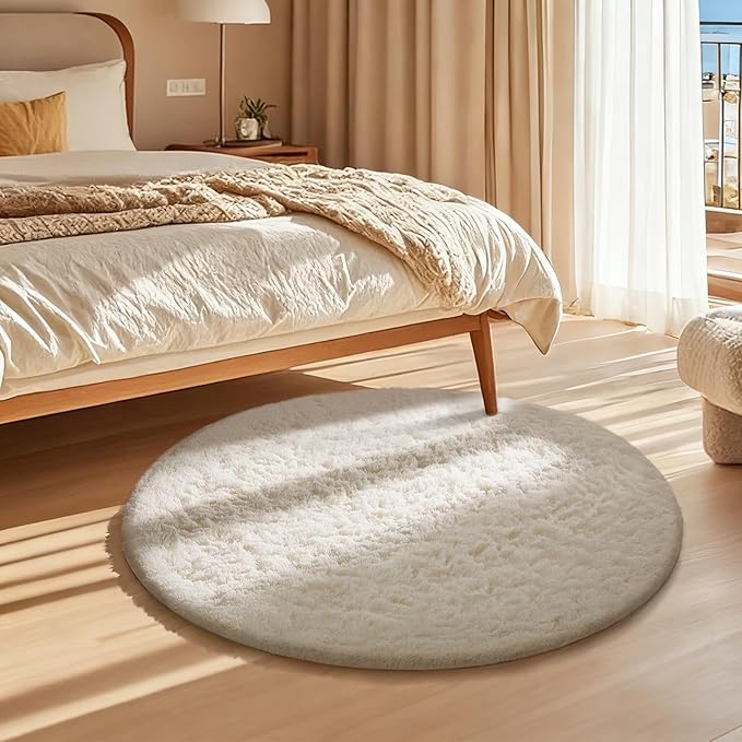 Ophanie Round Rug 2Ft Ivory Circle Area Rug, Fluffy Fuzzy Bedroom Carpet, Plush Soft Shaggy Indoor Floor Cream Living Room Rugs for Kids Home Decor Aesthetic, Nursery