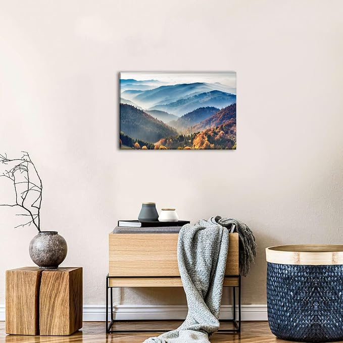 Foggy Mountain Wall Art Canvas Misty Forest Picture Wall Decor for Living Room Nature Landscape Painting Modern Artwork Framed American National Park Posters Bedroom Office Home Decorations 12x16