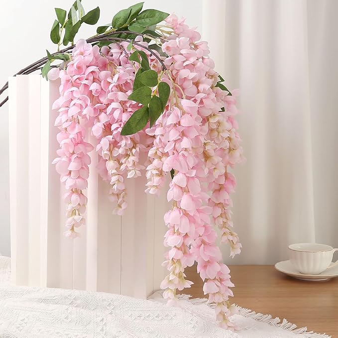 4pcs Large Size 47.2-inch Artificial Fake Wisteria Hanging Flower Garland Silk Flower String Home Party Decoration White Blue Pink Purple (Pink)
