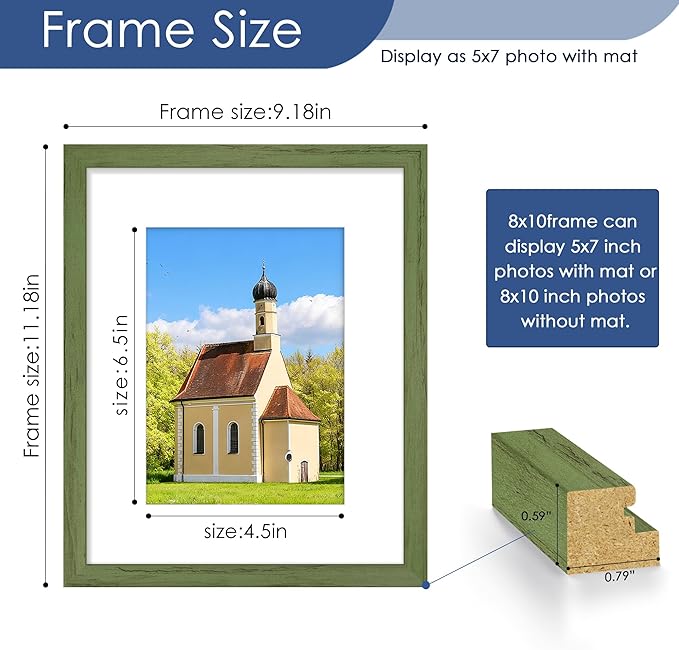 PEALSN 8x10 Picture Frame Set of 6, Display Pictures 5x7 with Mat or 8x10 without Mat for Wall Mounting or Table Top Display, Photo Frames Collage for Wall Decor, Green Woodgrain