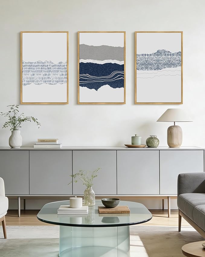 PHOPAGO Navy Blue Abstract Shapes Framed Wall Art Large 16x24in Mid Century Minimalist Boho Wall Decor Modern Neutral Rustic Farmhouse Living Laundry Decor - Natural Framed