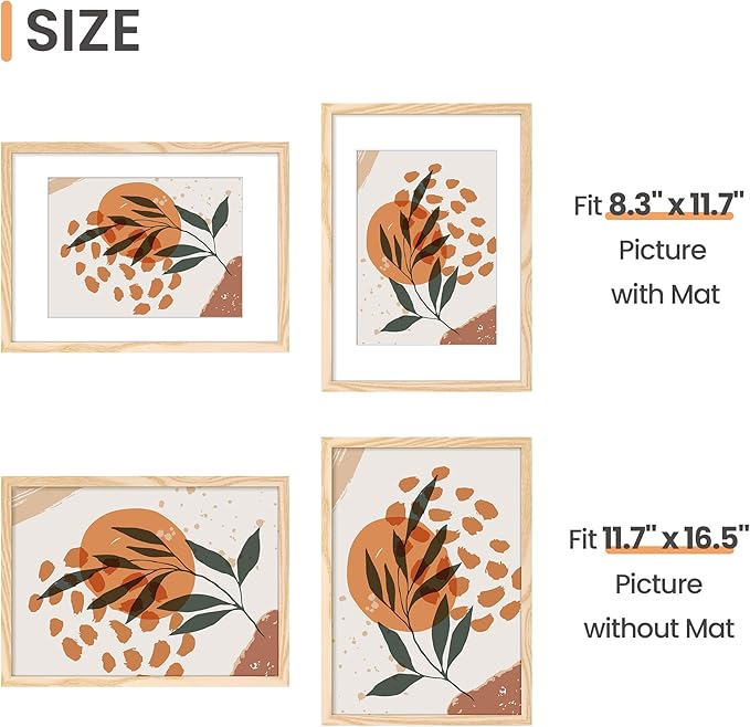 upsimples A3 Picture Frame, Display Pictures 8.3x11.7 with Mat or 11.7 x 16.5 Without, Wall Hanging Poster Frames, Natural, 1 Pack