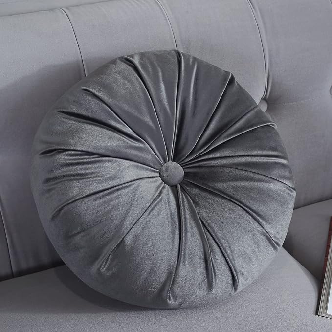 vctops Round Velvet Solid Color Chair Cushion Pumpkin Pleated Throw Pillow Home Decorative Floor Pillow Diameter 15" Light Grey