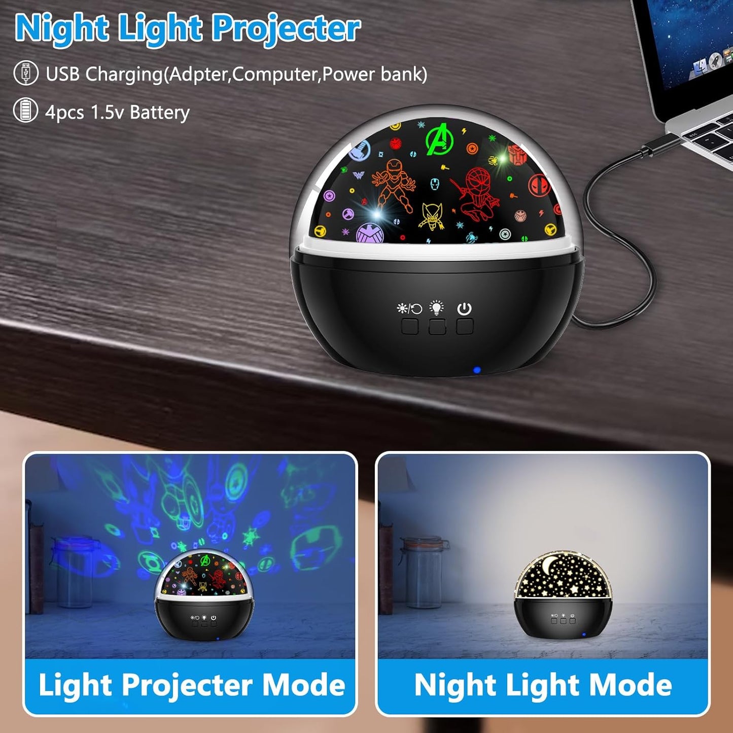 Superhero Night Light Projector for Boy,Kids Night Lights with Spiderman and Star Theme,360 Degree Rotation,15 Mode Color Changing,Birthday Gift Toys