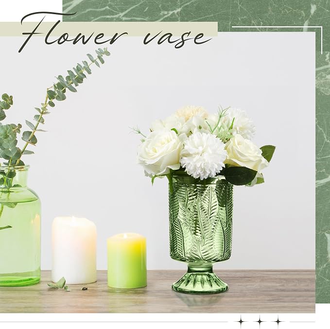 6 Pcs (H: 7" W: 4") Embossed Flower Vase Pedestal Glass Vase Big Base Thickened Crystal Vintage Vases for Wedding Party Home Decor Table Centerpiece House Warming Gifts (Green,Classic)