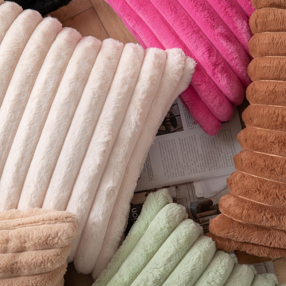 DEELAND Pack of 2,Double-Sided Faux Fur Plush Decorative Throw Pillow Covers Fuzzy Striped Soft Pillowcase Cushion Covers for Sofa Couch Bedroom Beige 24x24 inch