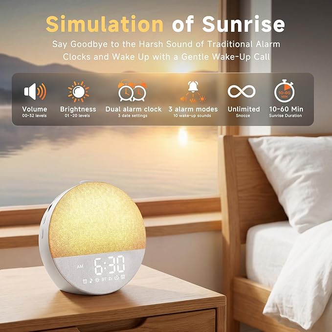 Geuuap Sunrise Alarm Clock White Noise Machine | Natural Wake-Up Light for Bedroom with 30 Soothing Sleep Aids, Bluetooth Speaker, Dimmable Clock, Screen-Free Design for Baby Adults Kids-White