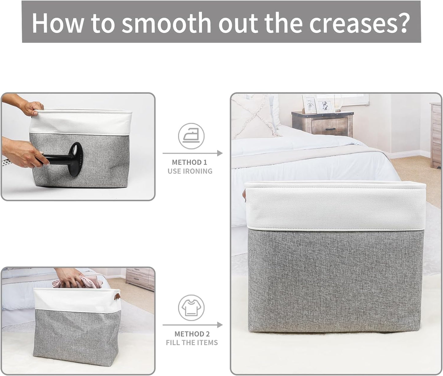 Large Fabric Storage Baskets | 50L Storage Bins, Decorative Linen Closet Baskets with Handles for Organizing, Shelf, Toys, Clothes, Home, Office, Nursery, 17x12x15Inches (Grey&White)