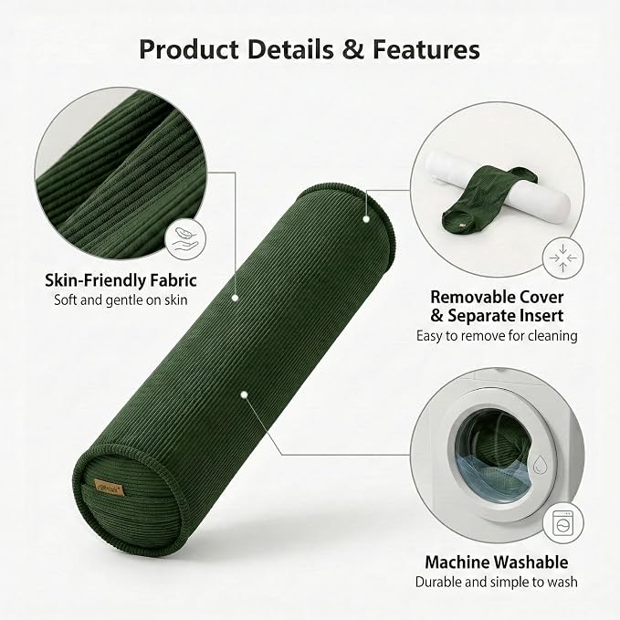 Body Pillow for Adults – Corduroy Long Round Bolster Pillow for Bed, Cuddle Pillow with Full Support for Side Sleepers & Restful Sleep,39 x 7.87 Inches,Avocado Green