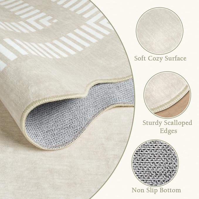 Washable 8x10 Area Rugs for Living Room, Solid Ivory Ultra-Thin Bedroom Rug Non-Slip Dining Room Rugs, Soft Scalloped Carpet for Nursery Kids Room Office