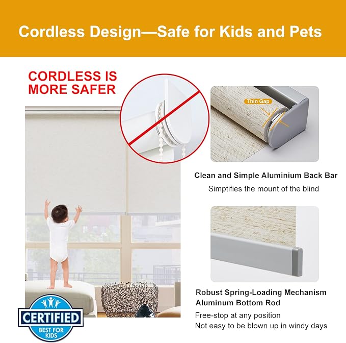 Persilux Custom Size Natural Woven Cordless Roller Shades, Free-Stop Window Shades for Home, Roller Window Shades, Light Filtering Window Blinds for Windows, Kitchen and Door (Cream)