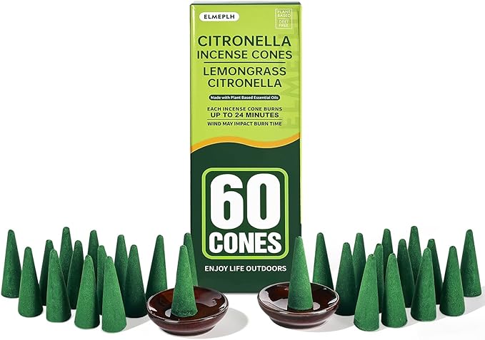 60 PCS Citronella Incense Cones Outdoor - Natural Citronella Incense Cone for Camping, Patio, Hiking,etc(Includes 2 Ceramic Dishes)