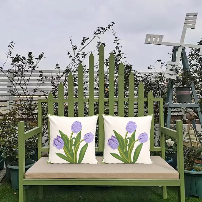 Pack of 2 Embroidered Decorative Throw Pillow Cover 18x18 Inch Farmhouse Floral Pillowcase for Living Room Sofa Bed (Purple Tulip)
