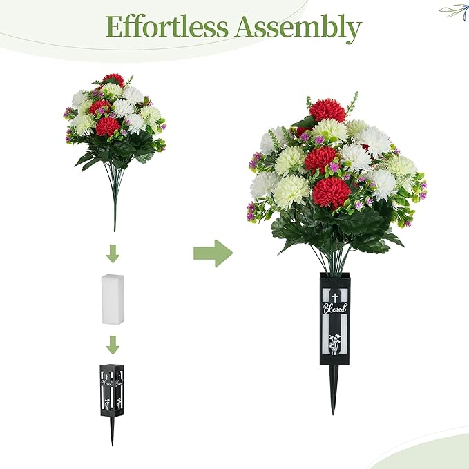 Artificial Cemetery Flowers for Grave: 2 Pcs 18 Heads Fake Mums Flowers with Vase for Cemetery Spring Decorations Outdoor Grave