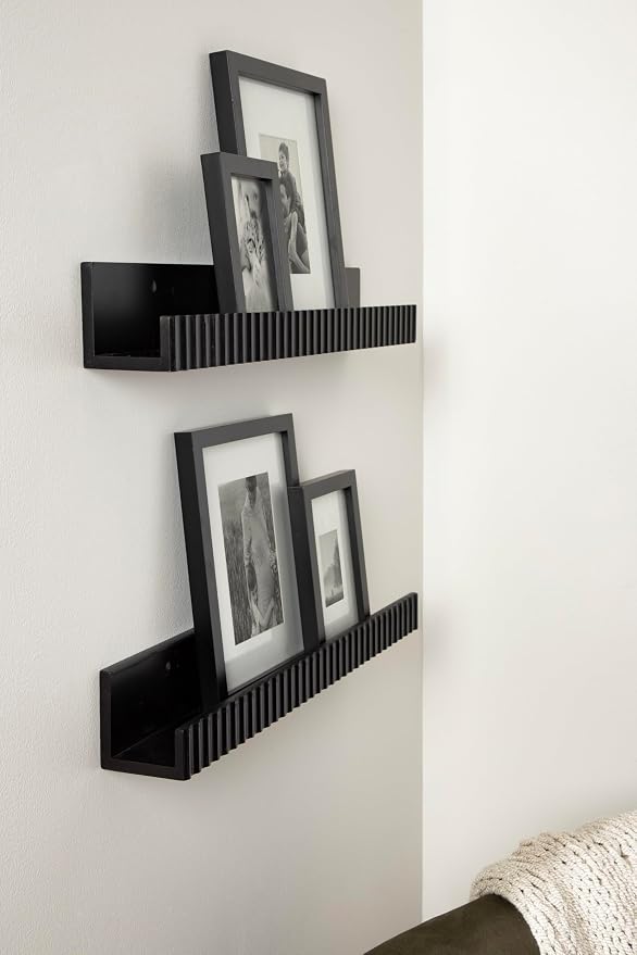 Kate and Laurel Furrow Modern Wood Photo Display Ledges; Set of 2; 24 Inches; Black; Scalloped Floating Picture Ledge Shelf Set with Lip for Use as Nursery Book Shelves or Gallery Wall Decor