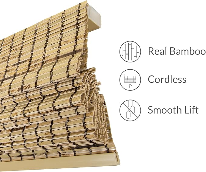 CHICOLOGY Bamboo Roman Shade, Cordless Light Filtering Woven Wood Window Treatment for Living Room, Dining Room, Kitchen & Office, Natural Bamboo Blinds for Boho Coastal Decor, Tortoise, 47"W x 64"H