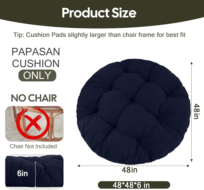idee-home Papasan Chair Cushion, Circle Papasan Chair Cushion(Cushion Only) | Papasan Cushion with Thick Corduroy Cover, 48 x 48 Inch Cushion for Egg Chair, Navy
