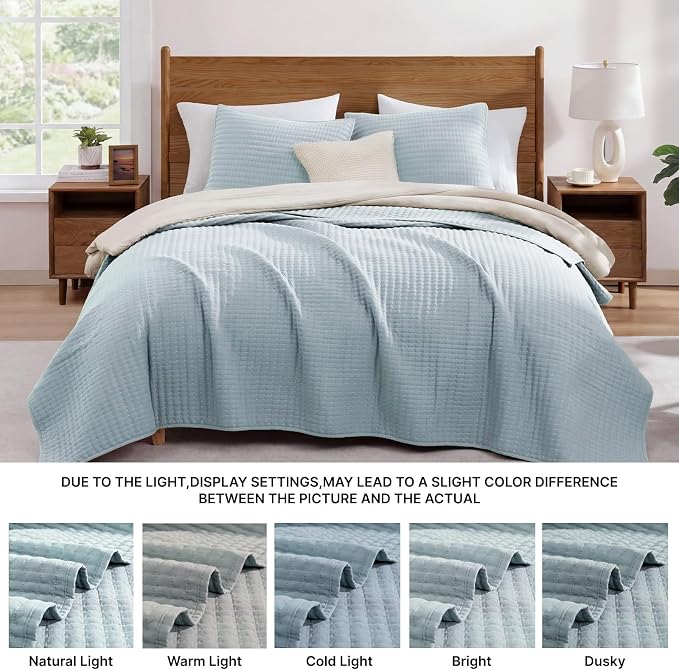 WRENSONGE King Size Quilt-3 Pieces Lightweight Bedspreads Sky Blue King Quilt Bedding Set for All Seasons, Soft Summer Coverlet with 2 Pillow Shams Suitable for Bed, Couch, Quilt Blanket