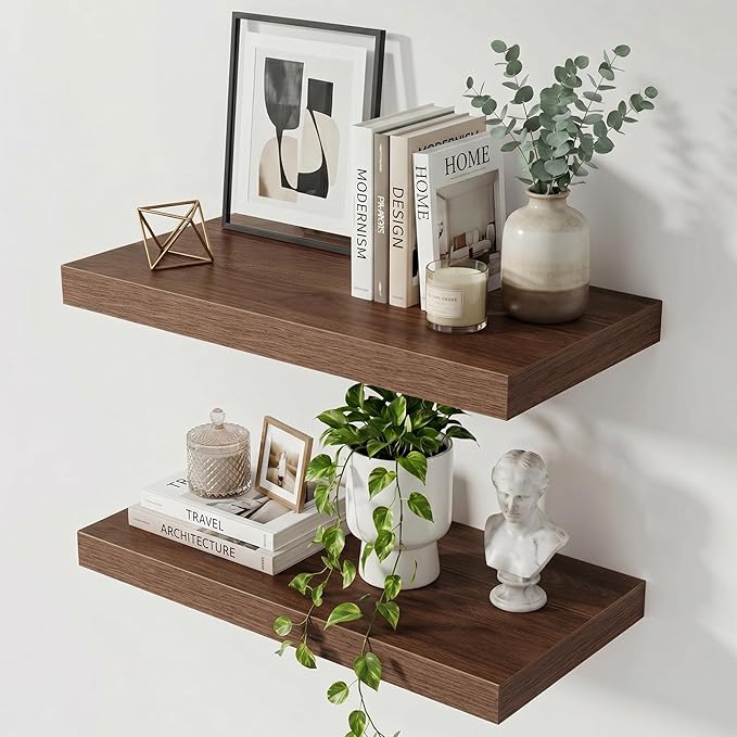 Acovy 24 Inch Floating Shelves for Wall,12" Deep Floating Shelf Set of 2 with Invisible Brackets,Rustic Farmhouse Wall Mounted Shelf for Kitchen,Bathroom,Living Room,Bed Room,Walnut