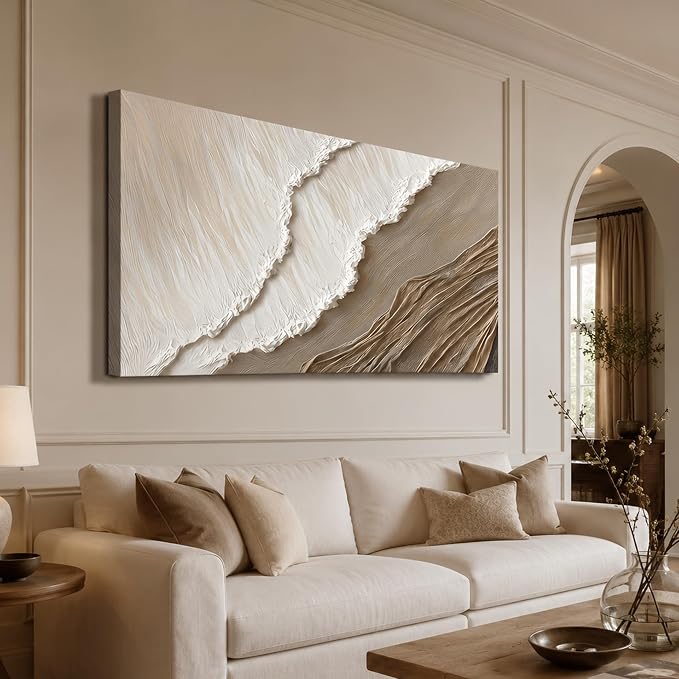 Kabcod 3D Textured Sand Beach Waves Wall Art Large Size White Brown Abstract Coastal Painting Artwork Ocean Wave Beach Landscape Oil Painting for Living Room Bedroom Decor 20X40in Ready To Hang