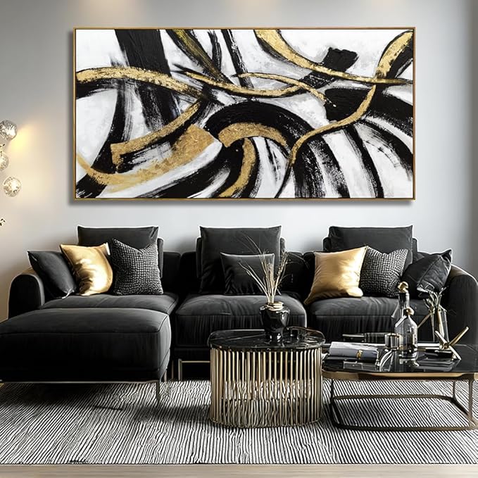 Kureful White Abstract Canvas Wall Art Gold Modern Artwork Black Line Prints Textures Picture for Walls Arts Posters for Office Bedroom Home 29"x58"