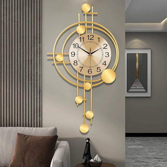 Wall Clock with Pendulum, Silent Non-Ticking Quality Quartz Battery Operated, Round Analog Large Wall Clock for Living Room Kitchen Bathroom Bedroom Wall Home Decor, 16.2x29.2inch, Golden