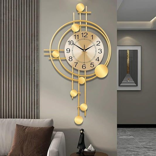 Wall Clock with Pendulum, Silent Non-Ticking Quality Quartz Battery Operated, Round Analog Large Wall Clock for Living Room Kitchen Bathroom Bedroom Wall Home Decor, 16.2x29.2inch, Golden