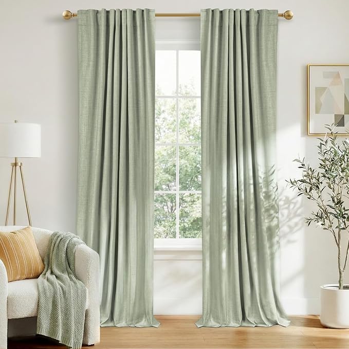 100% Blackout Shield Linen Blackout Curtains for Bedroom 108 Inches Long, Back Tab/Rod Pocket Living Room Drapes, Thermal Insulated Blackout Curtains 2 Panels Set, 50" W x 108" L,Sage Green