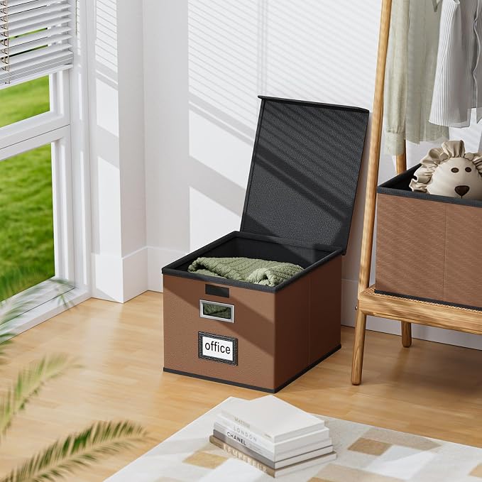 File Organizer Boxes with Lids, Collapsible Faux Leather Hanging File Folder Box Organizer with Plastic Slide, Decorative Home/Office Filing System Boxes for File and Folders Storage