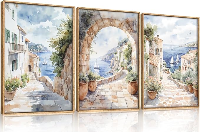 LHIUEM Watercolor Italy Coast Framed Canvas Wall Art,Modern Europe Countryside Wall Decor,Seascape Painting,Neutral Mediterranean Artwork for Living Room,Bedroom,Dining Room -24"x36"x3