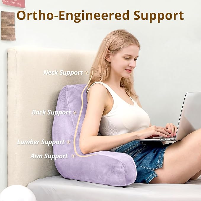 Sasttie Reading Pillow, Velvet Back Pillow for Bed Sitting Up, Adult Back-Rest Support Cushion with Arms for Sit Up on Couch, Sofa, and Floor, Dorm Essentials, Reading Accessories, Lavender